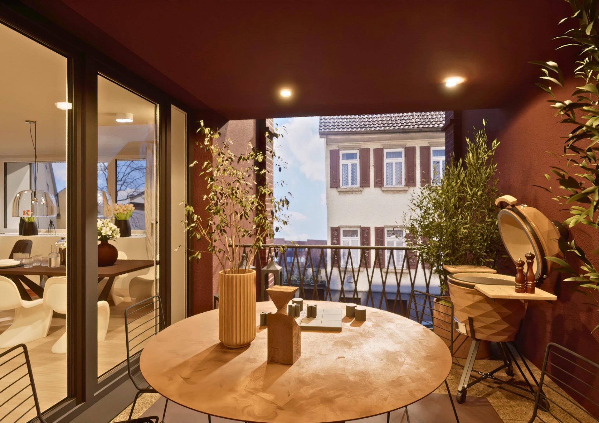 Loggia mit Grill und Blick auf die Nachbarschaft in Bad Cannstatt